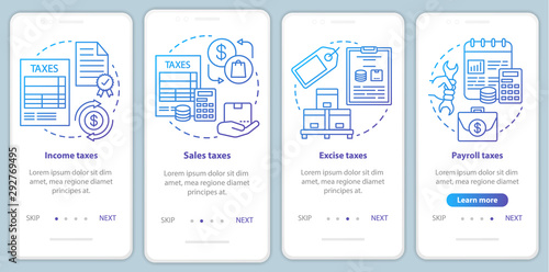 US Taxes types blue onboarding mobile app page screen with linear concepts. Income, sales, excise taxation walkthrough steps graphic instructions. UX, UI, GUI vector template with illustrations