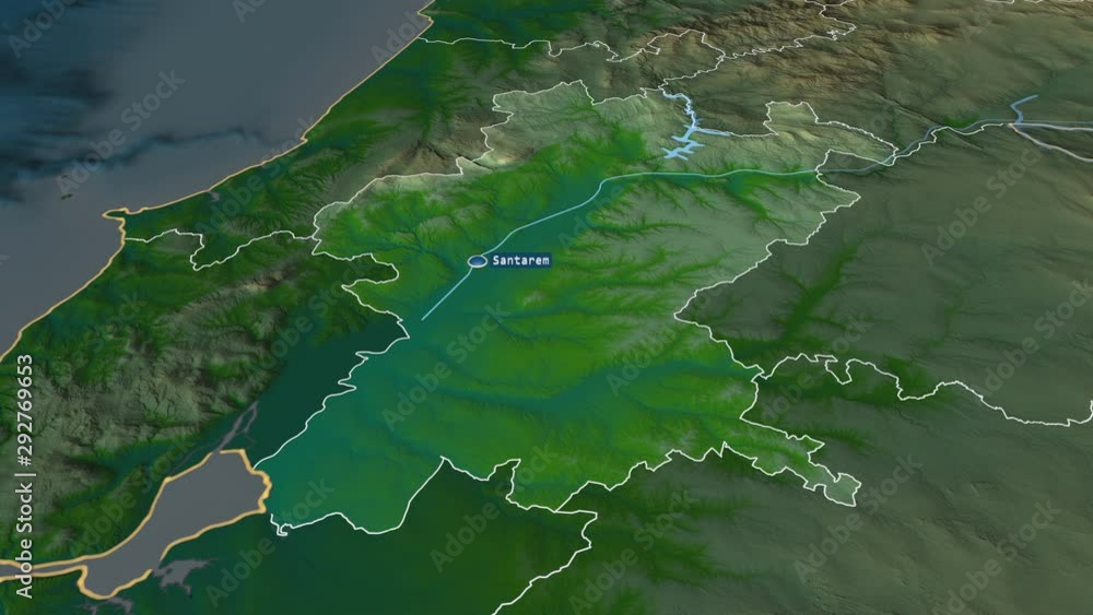 Santarém - district of Portugal with its capital zoomed on the physical map of the globe. Animation 3D Santarém - district of Portugal with its capital zoomed on the physical map of the globe. Animation 3D