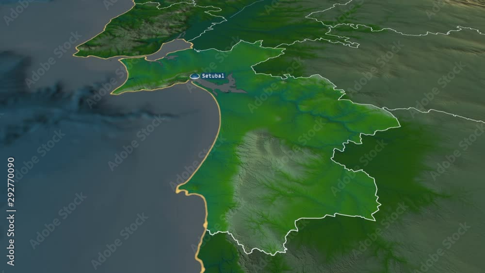 Setúbal - district of Portugal with its capital zoomed on the physical map of the globe. Animation 3D Setúbal - district of Portugal with its capital zoomed on the physical map of the globe. Animation 3D
