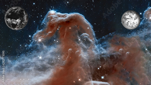 Earh planets frozen and alive near The Horsehead Nebula upper ridge illuminated by Sigma Orionis. Science astronomy concept. Elements of this image were furnished by NASA, ESA
