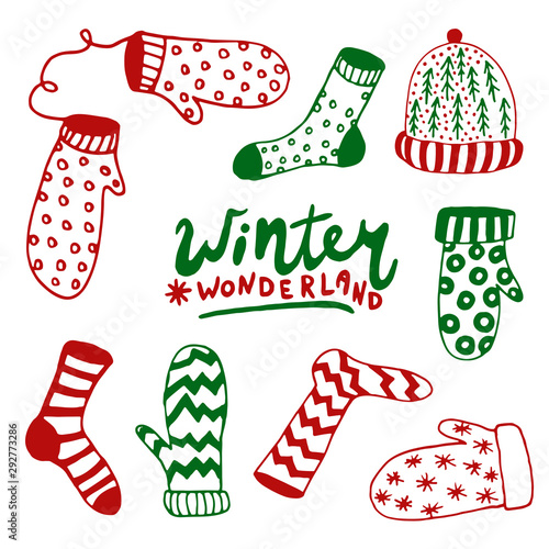 Winter hand drawn vector set. Hat, socks, mittens, envelope, letter, gift, gift box isolated hand drawn elements. For winter illustrations, patterns, postcards, invitations