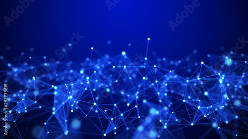 Network connection structure. Big data digital blue background. Science background with connected dots, lines and triangles. 3d rendering.