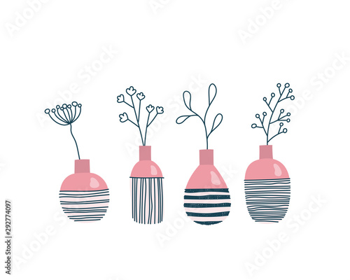 Set vases with flowers, scandinavian home decor, white background. Hand-drawn vector illustration