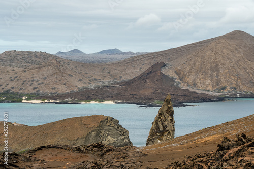 Panoramic view of Pinnacle Rock and the Golden Beach from the summit of the crater of the island Bartolomé, Galapagos.