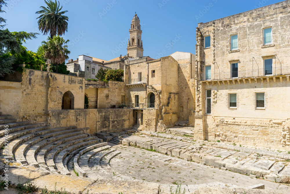 Italy, Apulia, Province of Lecce, Lecce. Bell tower, Duomo dell'Assunta, Cathedral, viewed from a Roman theater.