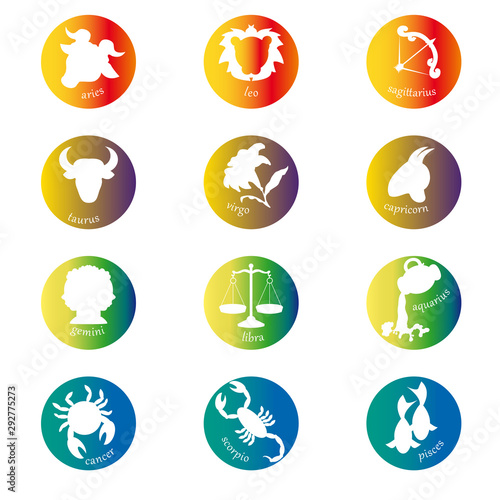 Colored silhouette of the 12 zodiac signs on a white background