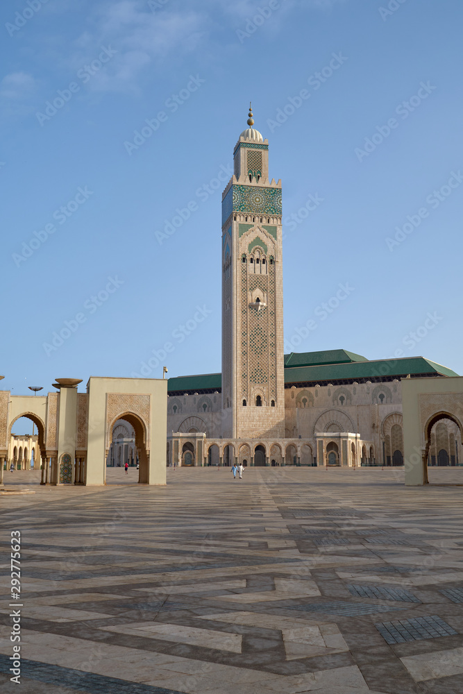 The Hassan II Mosque in Casablanca, Morocco. It is the largest mosque in Africa, and the 3rd largest in the world. Its minaret is the world's second tallest minaret at 210 metres.