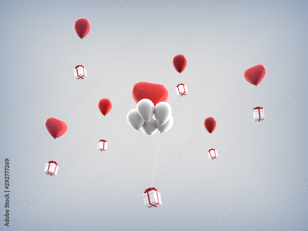 Multiple balloons with gift boxes flying away in the gray sky