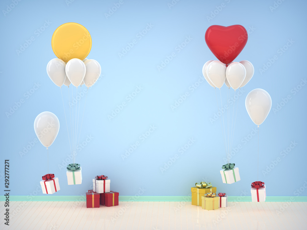 Empty mock up Celebration Birthday mock up room with gift box, balloon and blue wall