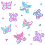 All over seamless repeat pattern with flying butterflies in candy pastel colors and little hearts. For beautiful little girls', feminine or other projects!
