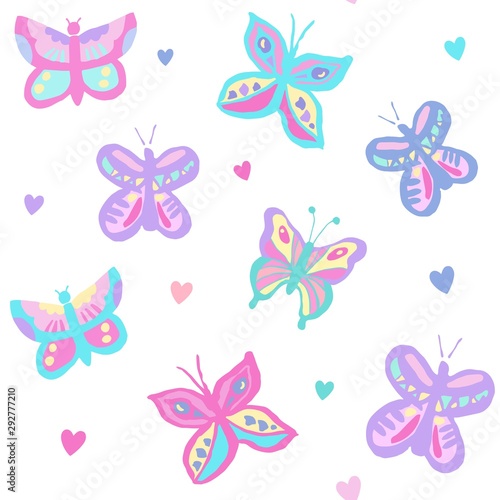 All over seamless repeat pattern with flying butterflies in candy pastel colors and little hearts. For beautiful little girls   feminine or other projects 