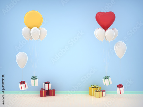 Fototapeta Naklejka Na Ścianę i Meble -  Empty mock up Celebration Birthday mock up room with gift box, balloon and blue wall