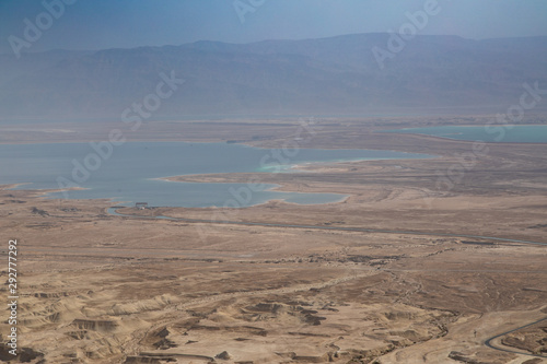 Hazy View of the Dead Sea from On top of Masada National Park plateau, Israel