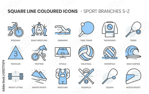 Sports related, square line color vector icon set for applications and website development. The icon set is pixelperfect with 64x64 grid. Crafted with precision and eye for quality.