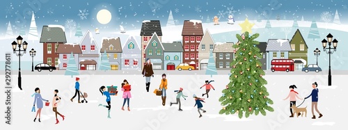 Winter landscape at night with people having fun in the park,Vector illustration. City landscape on Christmas holidays with people celebration, kid playing ice skates, women shopping in the town