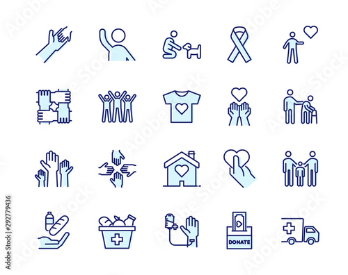 Vector filled outline icons related with humanitarian causes - volunteering, adoption, donations, charity, non-profit organizations.