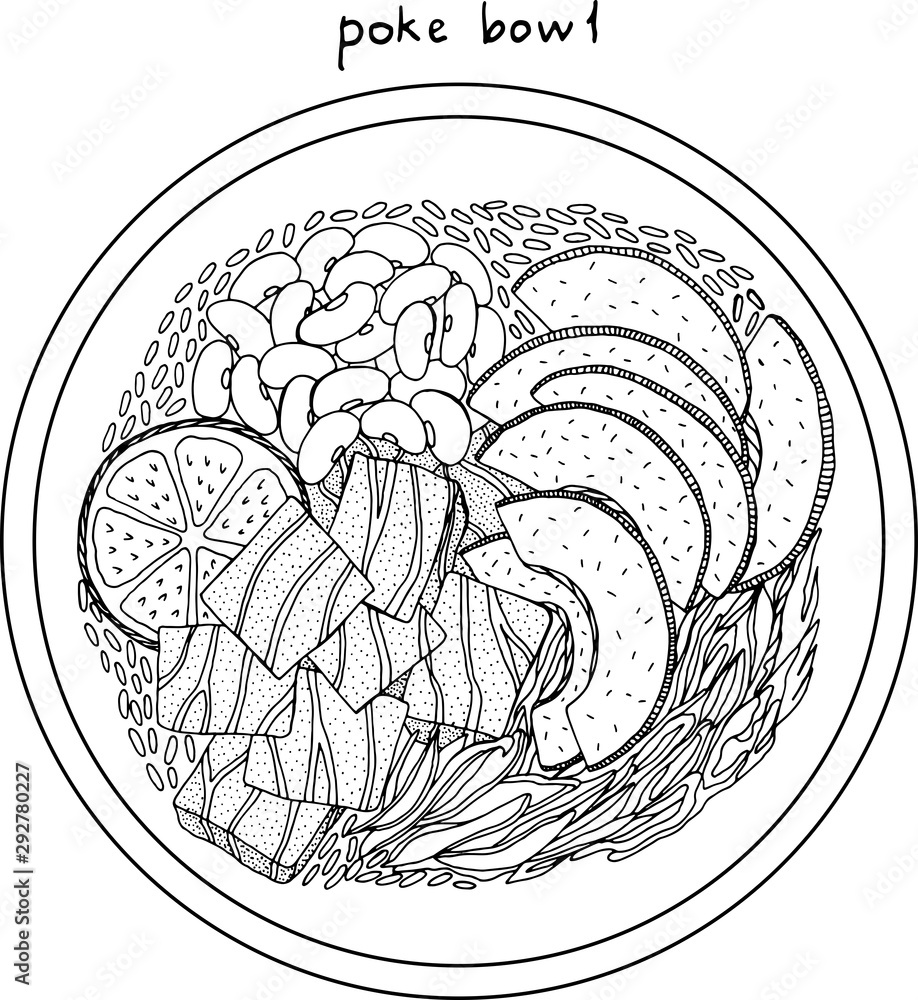 Poke bowl. Asian food illustration. Black and white realistic sketch. Salmon, avocado, rice. Vector artwork Poke bowl. Asian food illustration. Black and white realistic sketch. Salmon, avocado, rice. Vector artwork