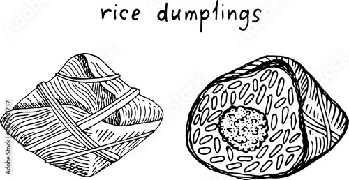 Zongzi - rice dumplings. Chinese food. Sketch black and white illustration. Hand drawn artwork. Vector art