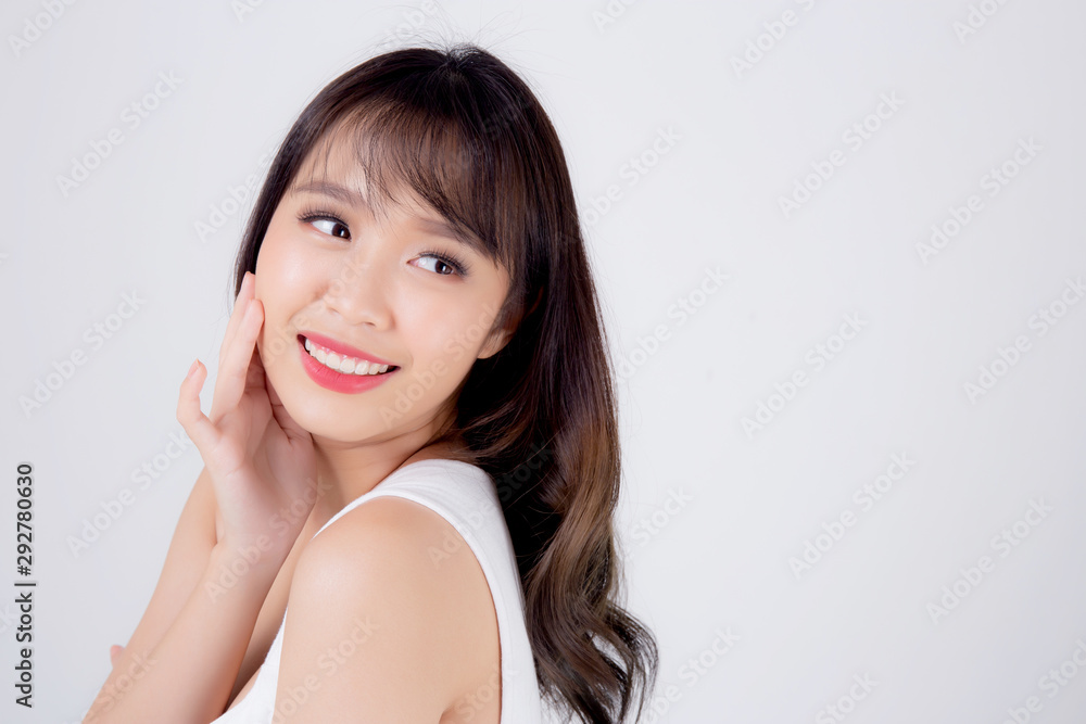 Beautiful woman asian makeup of cosmetic, beauty asia girl hand touch cheek and smile attractive, face of beauty perfect with wellness isolated on white background with skin healthcare concept. Beautiful woman asian makeup of cosmetic, beauty asia girl hand touch cheek and smile attractive, face of beauty perfect with wellness isolated on white background with skin healthcare concept.