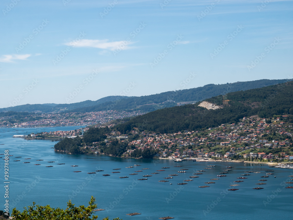 mussels bats in aerial view of the rias baixas as it passes through redondela
