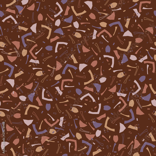 Confetti sprinkles seamless pattern. Tossed hand drawn  ditsy background. Brown warm spice color muted tones. All over print for fall autumn packaging, textile, wrapping, branding. Vector repeat eps10