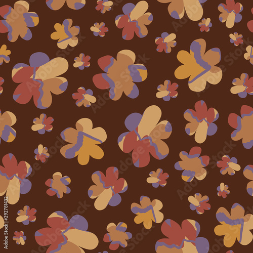 Moody naive daisy bloom seamless pattern. Tossed hand drawn floral background. Brown marble spice color muted tones. All over print for daisies textile. Vector repeat eps10
