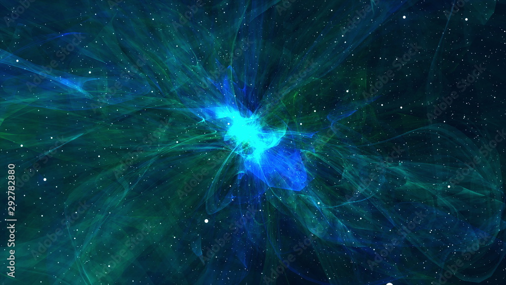 Computer generated colorful space background: spiraling nebula, stars and luminous galaxies. 3d rendering