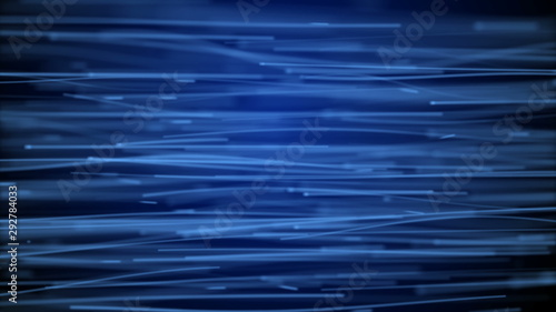 Moving network of lines with long trails in space, effect of drops of the rain, 3d rendering, computer generating background