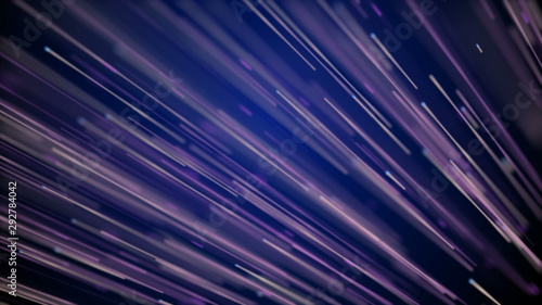 Moving network of lines with long trails in space, effect of drops of the rain, 3d rendering, computer generating background