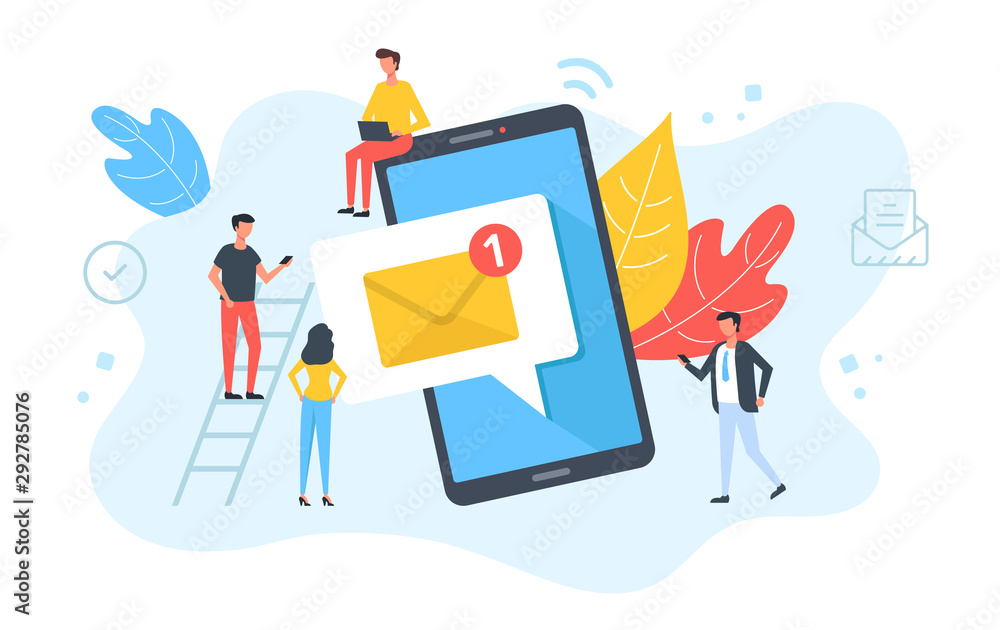 People and email message on mobile phone. Online messaging, social media, phone notification, business technology concepts. E-mail letter on smartphone screen. Modern flat design. Vector illustration