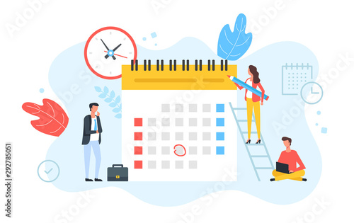 Schedule, appointment, planning. Clock and calendar with marked date and group of people with pencil, laptop and briefcase. Time, business event concepts. Modern flat design. Vector illustration