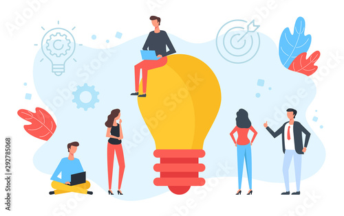 Creative idea. Group of people and light bulb. Team working on idea. Teamwork, creativity, startup, business solution concepts. Modern flat design. Vector illustration