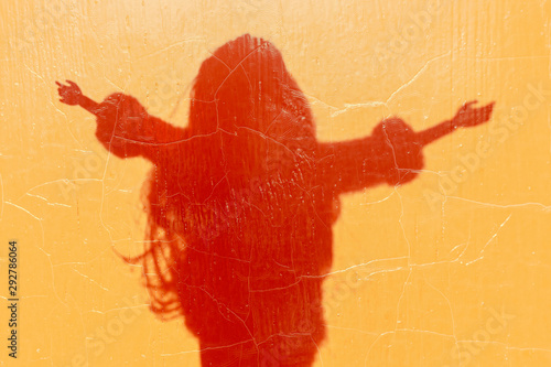 Shadow silhouette of abstract girl. Young girl spread her arms out to the light, the warmth. Minimal creative background. The concept of youth life. © sanatgen