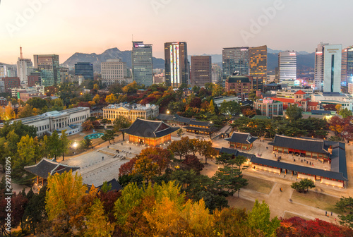 Aerial View Of Deoksugung Palace in Autumn season Seoul,South Korea.