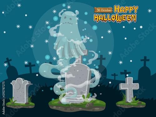 Cartoon ghost and Gravestone. Concept cartoon Halloween day elements. Vector clipart illustration for holiday cards and banners