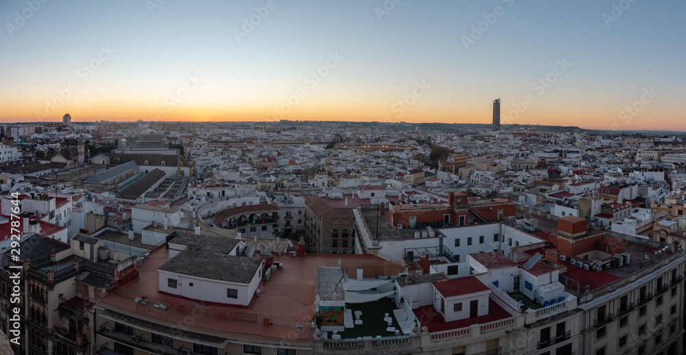 They city skyline of Sevilla, Spain during sunset