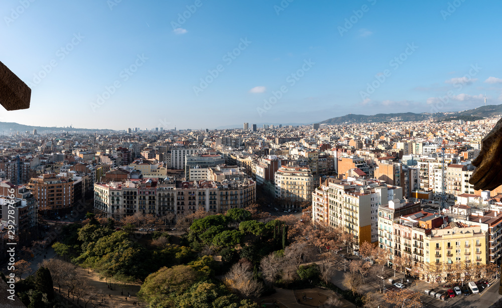 Overlooking the city of Barcelona, Spain from the spire of the Sagrada Familia