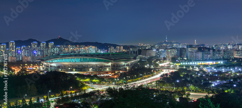 andscape of seoul city at night and  World Cup Stadium in Seoul view from Haneul park Photo taken on  october 15 2017 in Seoul South Korea. © kampon