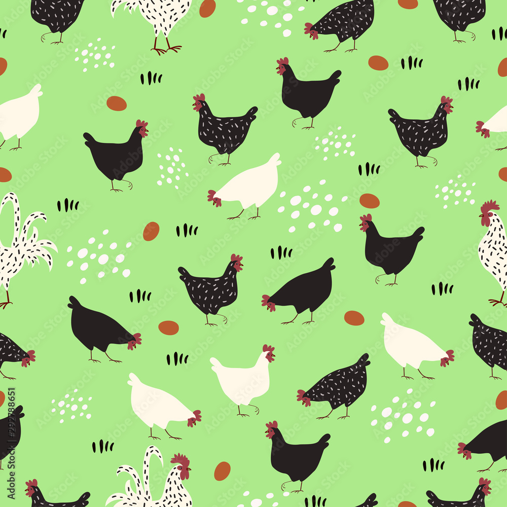 Fototapeta Pattern with hens, roosters and eggs on a green meadow.