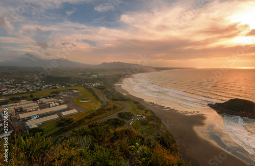 Sunset panorama view from Paritutu Rock to Mt Taranaki, New Plymouth
