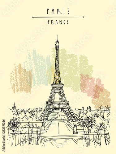 Paris  France  Europe. Eiffel Tower. French famous landmark. Hand drawing. European travel sketch. Vertical vintage hand drawn touristic postcard  poster  brochure illustration. EPS10 vector art