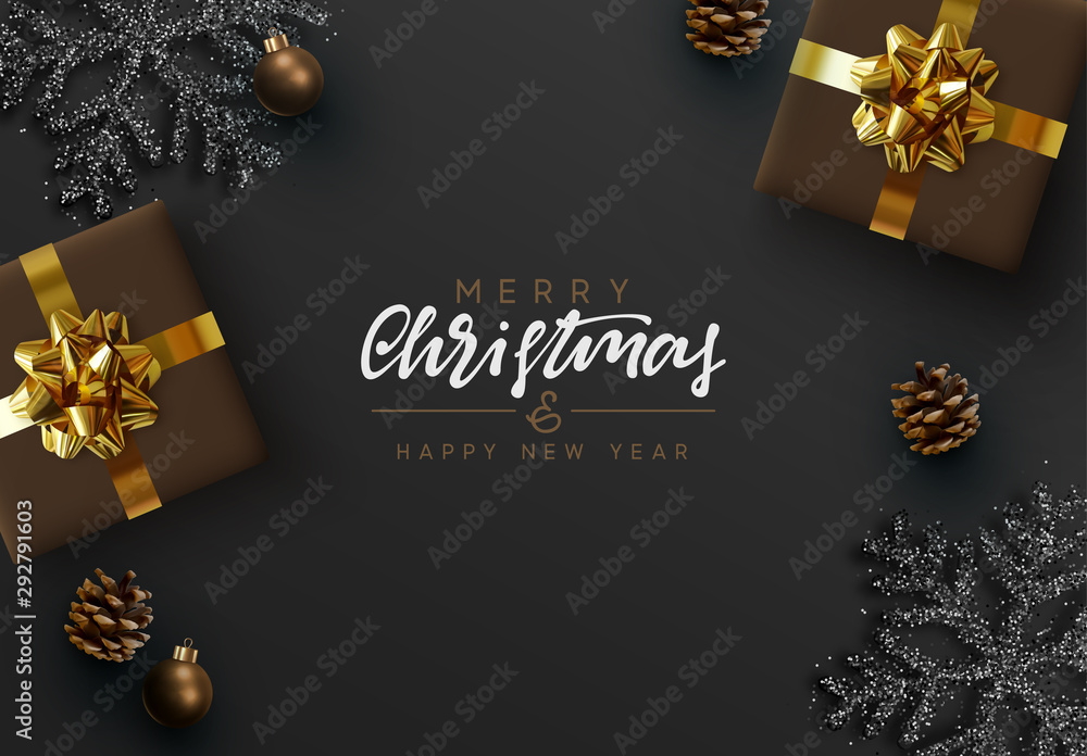 Christmas Black Background. Xmas design realistic brown gifts box, black snowflake and glitter silver, pine cones, decorative bauble. handwritten calligraphy text merry christmas and happy new year.