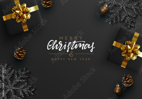 Christmas Black Background. Xmas design realistic gifts box, black snowflake and glitter silver, pine cones, decorative bauble. handwritten calligraphy text merry christmas and happy new year.