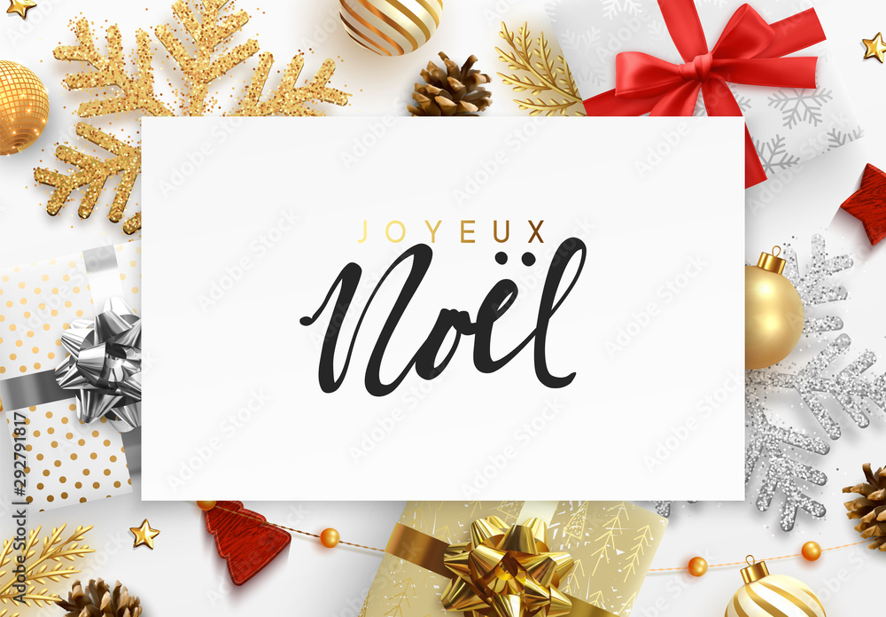 French text Joyeux Noel. Christmas background. Xmas festive decoration  objects. Realistic elements of design. Merry Christmas and Happy New Year  Holiday template. greeting card, web poster. Stock Vector | Adobe Stock