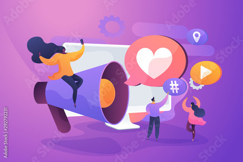 SMM management, notification flat vector illustration. Internet lifestyle, modern communication technology, followers engaging concept. Social media influencers with loudspeaker cartoon characters photo