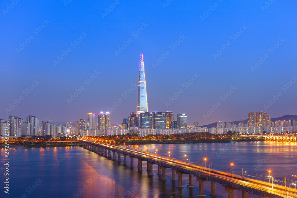 Seoul City SkyLine at night and Hanrier in Seoul South Korea.