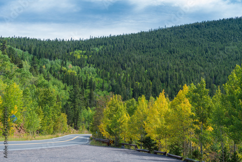 Low angle landscape of road in the mountains with aspen trees turning yellow near Idaho Springs, Colorado