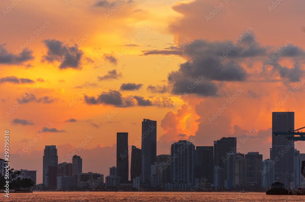 Miami City Downtown district buildings at sunset