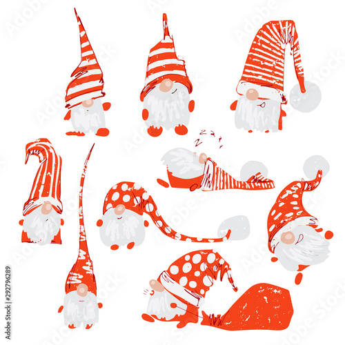 Cute funny christmas characters - white bearded gnomes in different positions with red hats. Christmas gnomes set, hand draw textured vector illustration for X-mas cards, greetings, design photo