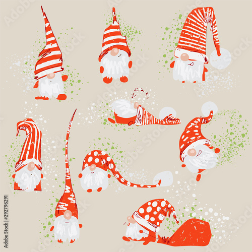 Cute funny christmas characters - white bearded gnomes in different positions with red hats and splashes from behind. Christmas gnomes set, hand draw textured vector illustration for X-mas cards